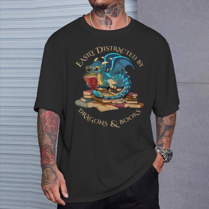 Easily Distracted By Dragons And Books Nerd Dragon T-Shirt Gifts for Him