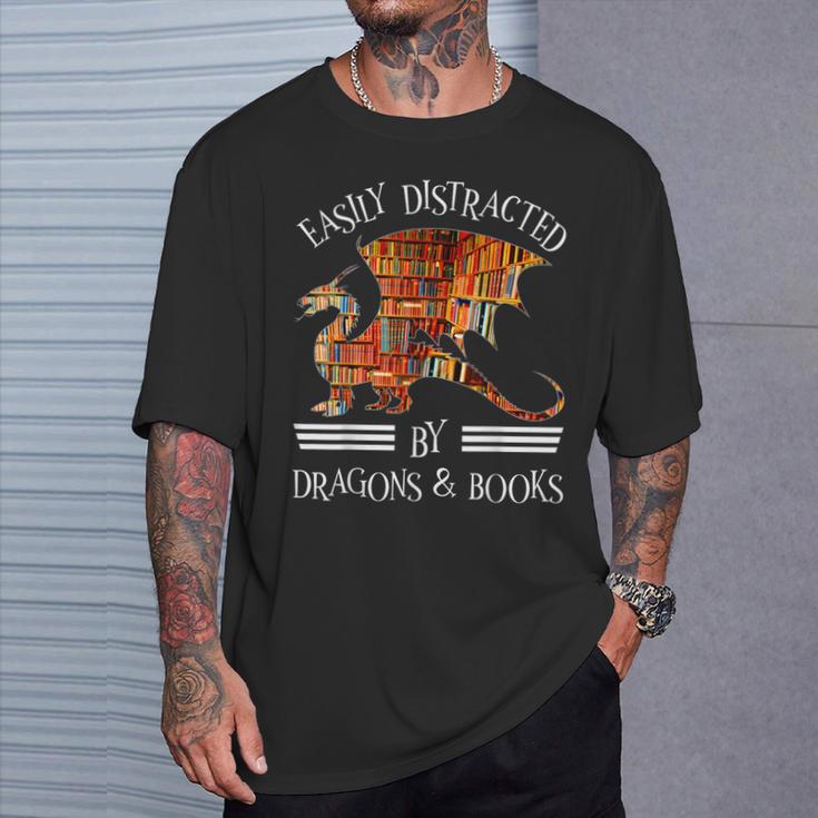 Easily Distracted By Dragons And Books Nerds T-Shirt Gifts for Him