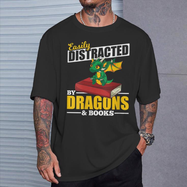 Easily Distracted By Dragons And Books Reading Book Dragon T-Shirt Gifts for Him