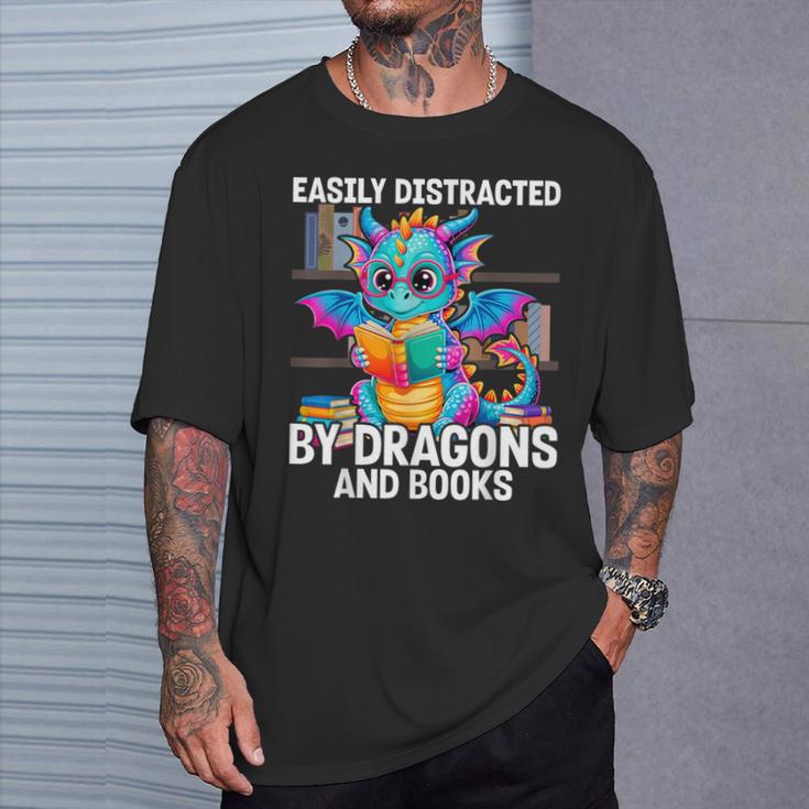 Easily Distracted By Dragons And Books T-Shirt Gifts for Him