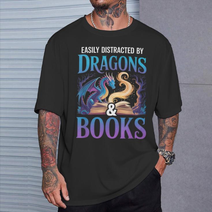 Easily Distracted By Dragons Fantasy Book Reading T-Shirt Gifts for Him