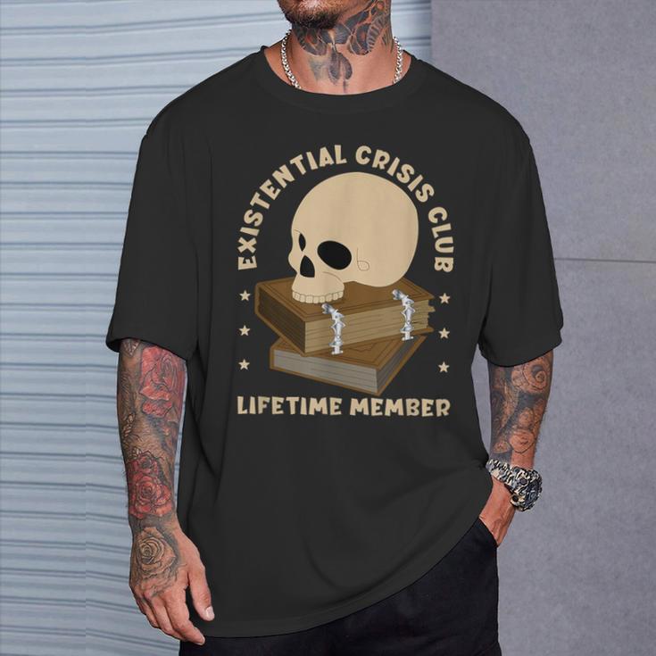 Existential Crisis Club Lifetime Member Skull Books Sarcasm T-Shirt Gifts for Him
