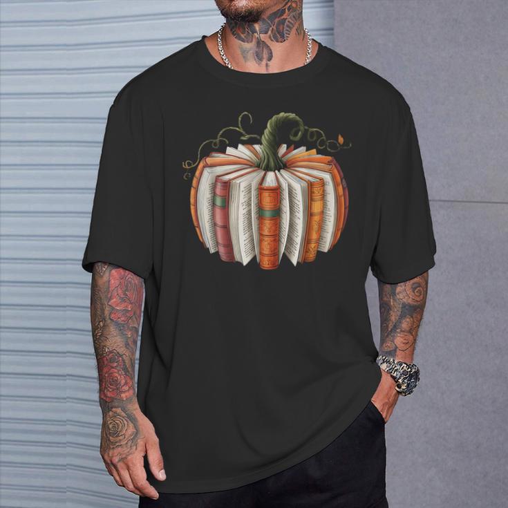 Fall Book Pumpkin Retro Reading Halloween Teacher T-Shirt Gifts for Him