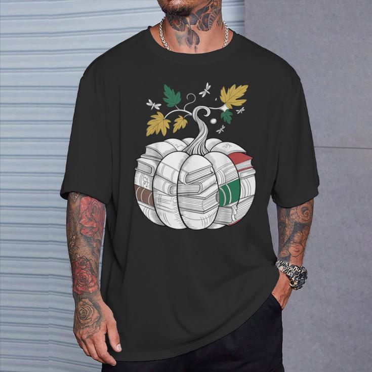Fall Bookshelf Pumpkin Autumn Reading T-Shirt Gifts for Him