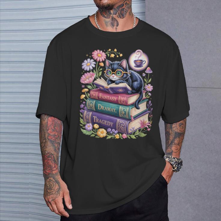 Fantasy Drama Tragedy Cute Cat Book Lover Readers Librarians T-Shirt Gifts for Him