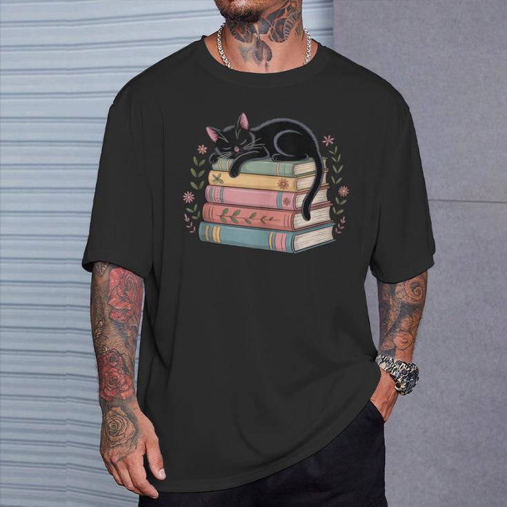 Floral Cat Sleeping On Books T-Shirt Gifts for Him