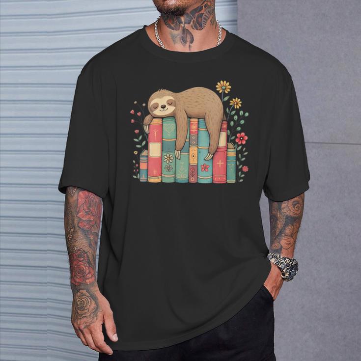 Floral Sloth Sleeping On Books T-Shirt Gifts for Him