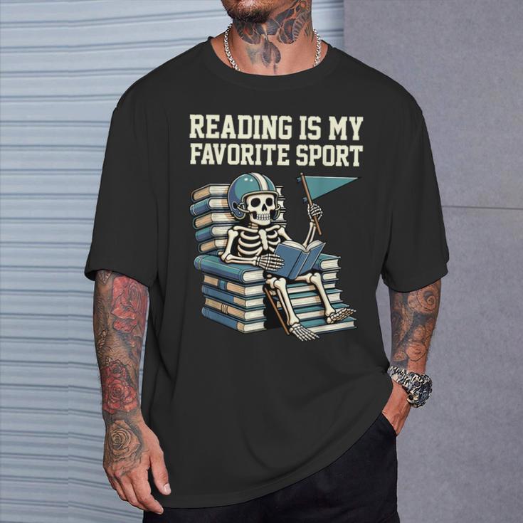 Football Skeleton Reading On Book Stack T-Shirt Gifts for Him Football Skeleton Reading On Book Stack T-Shirt Gifts for Him