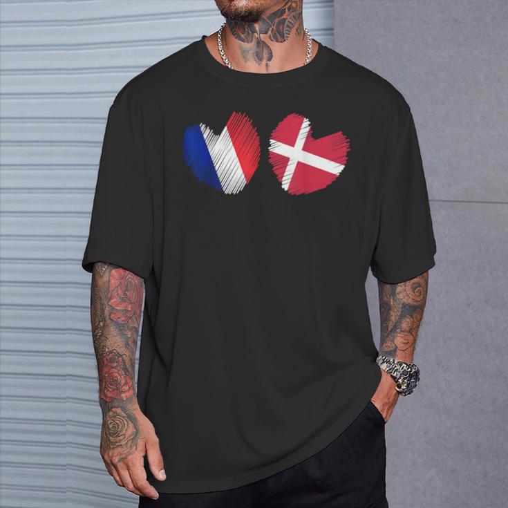 France Danemark Coeur Drapeau Français Danois Drapeau Grunge Coeur T-Shirt Cadeaux pour lui