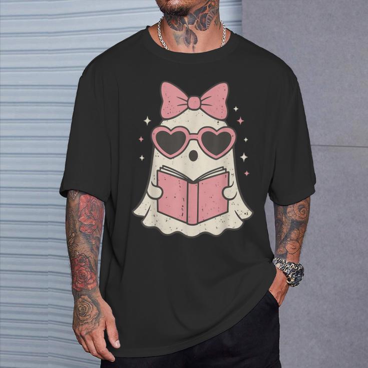 Ghost Reading Book Halloween Cat Lover T-Shirt Gifts for Him