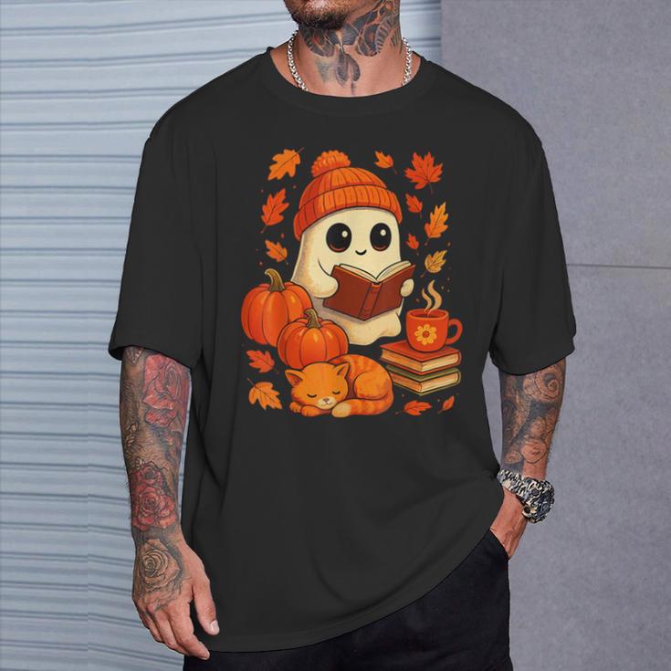 Ghost Reading Book Lovers Autumn Fall Halloween T-Shirt Gifts for Him