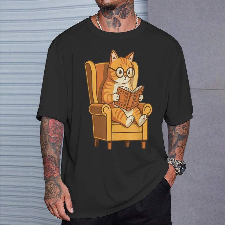 Ginger Tabby Cat Reading Book Glasses Retro Illustration T-Shirt Gifts for Him