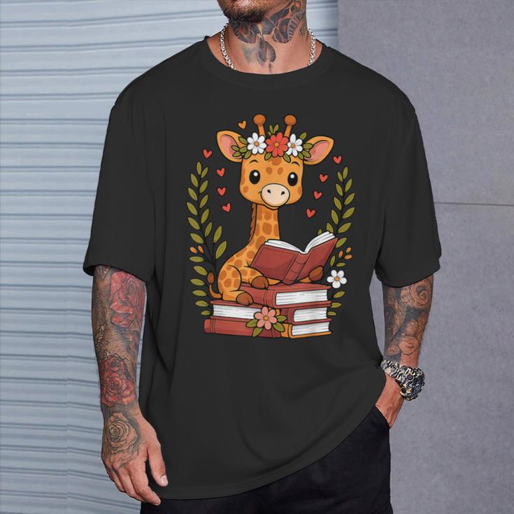 Giraffe Reading Book Graphic Giraffe With Book Floral T-Shirt Gifts for Him