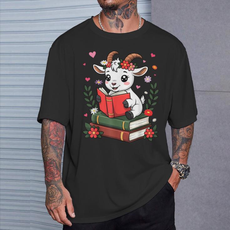 Goat Reading Book Graphic With Floral T-Shirt Gifts for Him