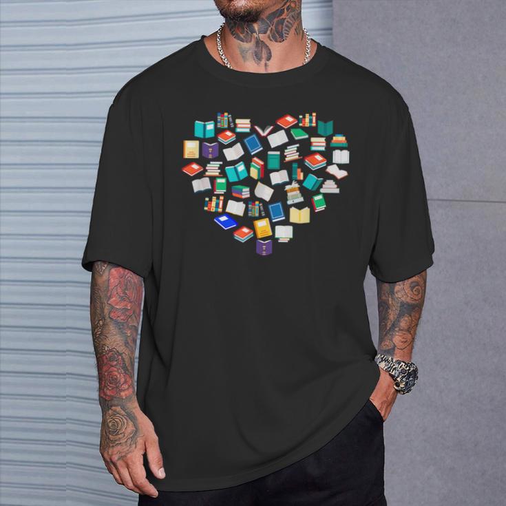 Heart Of Books Book Lover Heart Shape Reading T-Shirt Gifts for Him