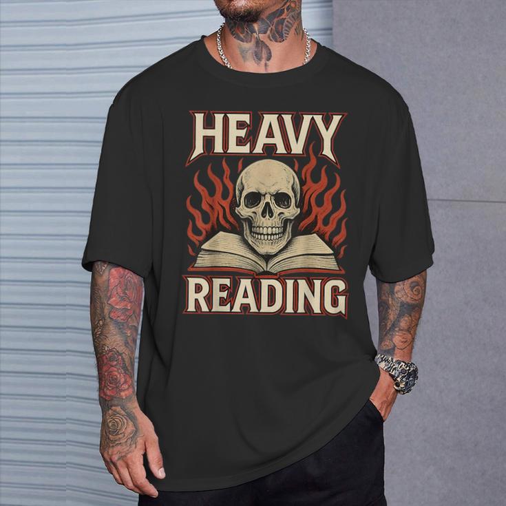 Heavy Reading Book Lover Skeleton Ironic Graphic T-Shirt Gifts for Him