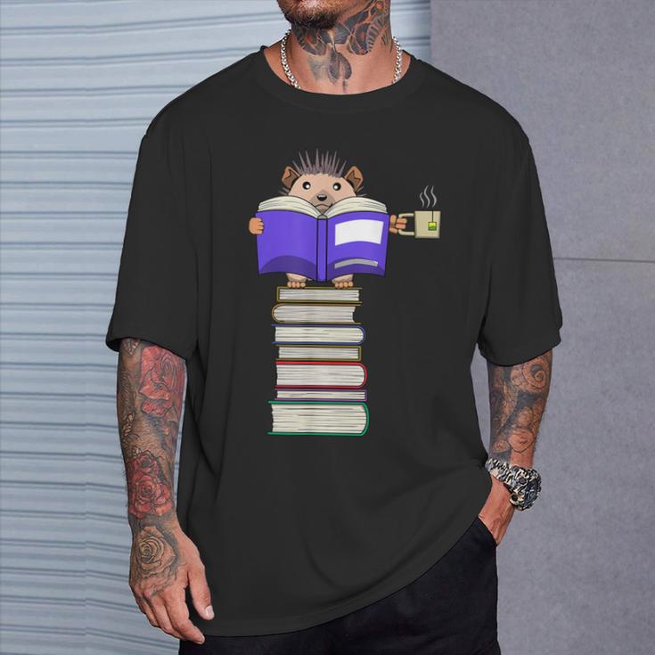 Hedgehog Reading Books And Drinking Tea T-Shirt Gifts for Him