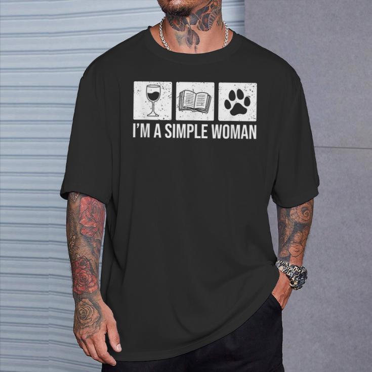 I'm A Simple Woman Wine Books & Dogs Reading Lover T-Shirt Gifts for Him