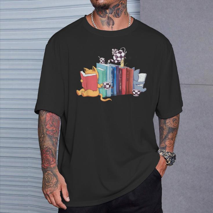Kawaii Cat Book Ends Library Decor Librarian T-Shirt Gifts for Him
