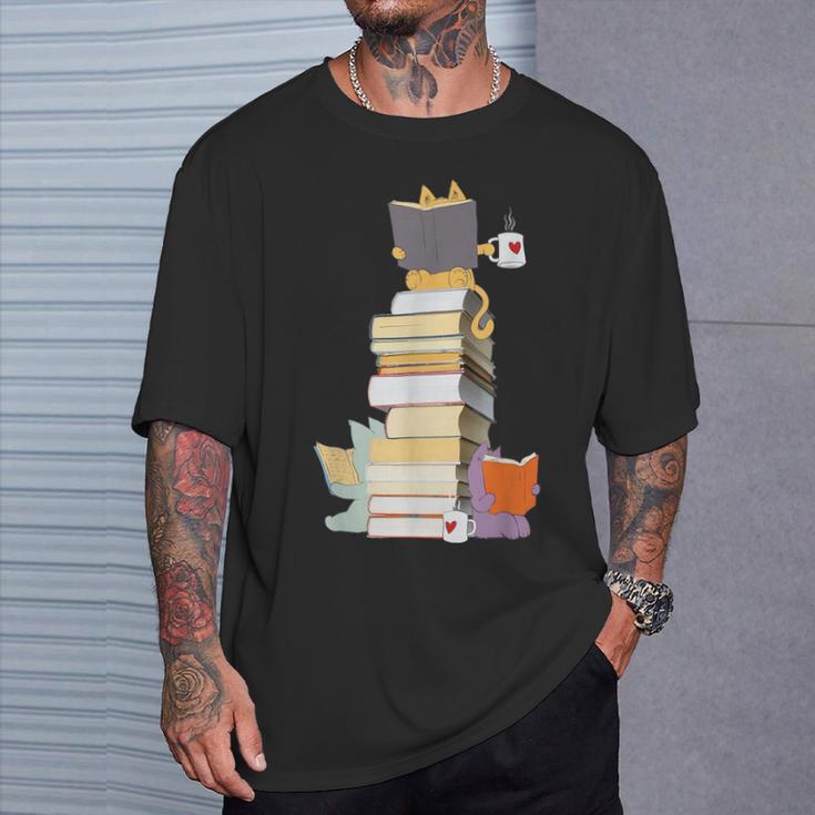 Kawaii Cats Books Coffee T-Shirt Gifts for Him Kawaii Cats Books Coffee T-Shirt Gifts for Him