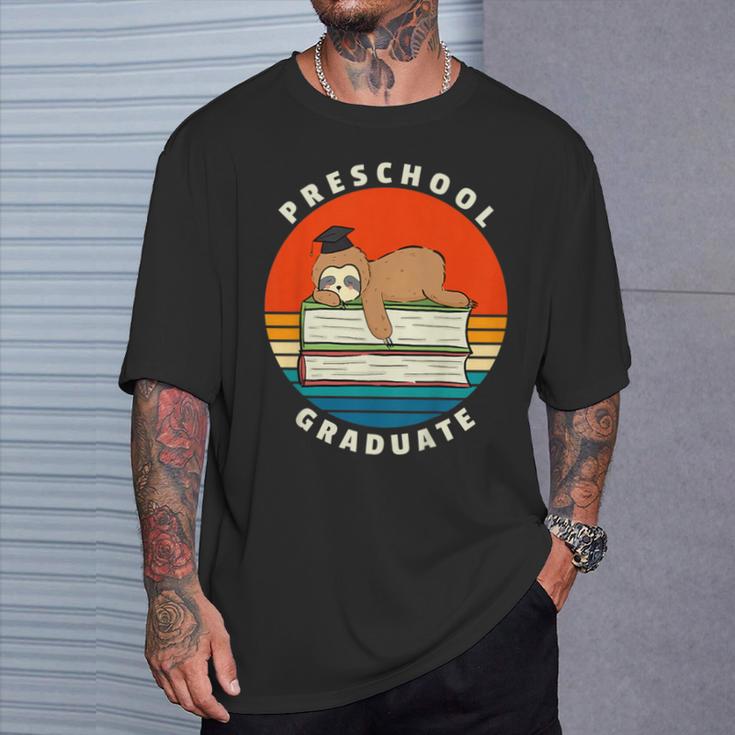 Kids Preschool Graduate Sloth Graduation Cap Sleeping On Books T-Shirt Gifts for Him
