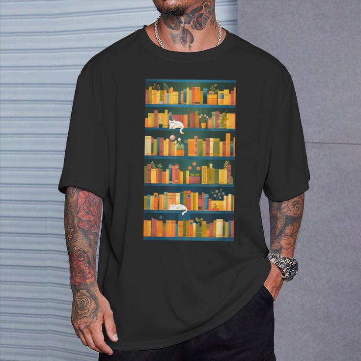 Library Book Lover Reading Reader Bookshelf Plants T-Shirt Gifts for Him