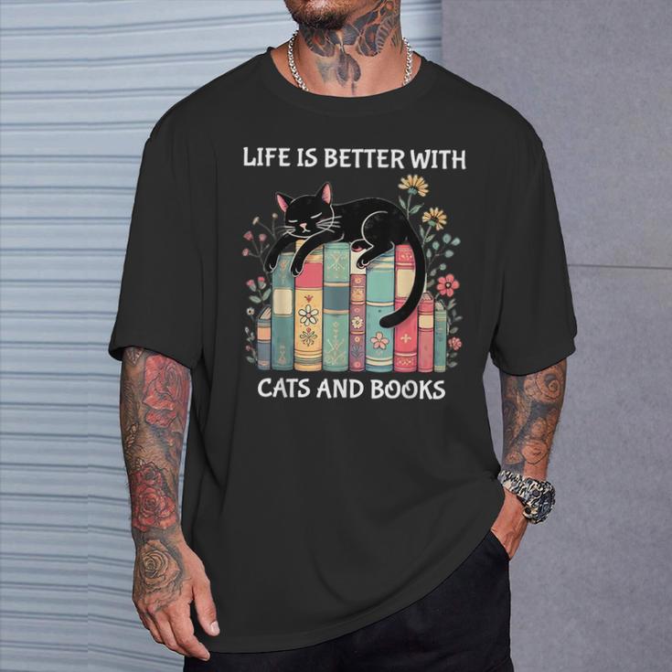Life Is Better With Cats And Books Cute Cat Lover T-Shirt Gifts for Him