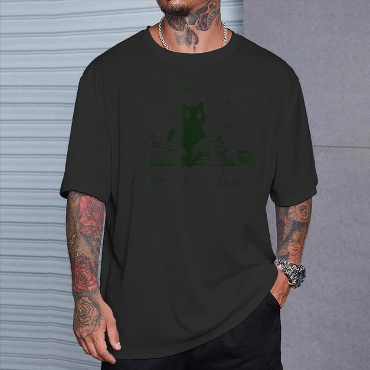 Life With Book Reading Cats And Coffee Ironic Kitty T-Shirt Gifts for Him
