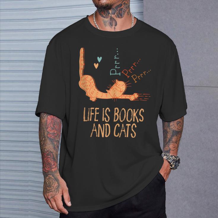 Life Is Books And Cats Book Lover Cat Mom Bookworm Cat Dad T-Shirt Gifts for Him