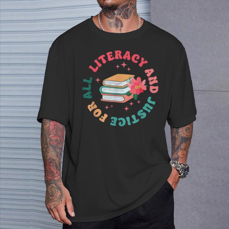 Literacy And Justice For All Groovy Reading Book Lover T-Shirt Gifts for Him