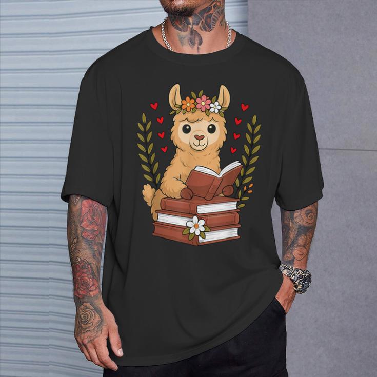 Llama Reading Book Graphic Llama With Book Floral T-Shirt Gifts for Him