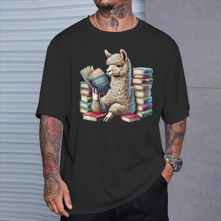 Llama Reading Book Reader Bookworm Alpaca Lover T-Shirt Gifts for Him