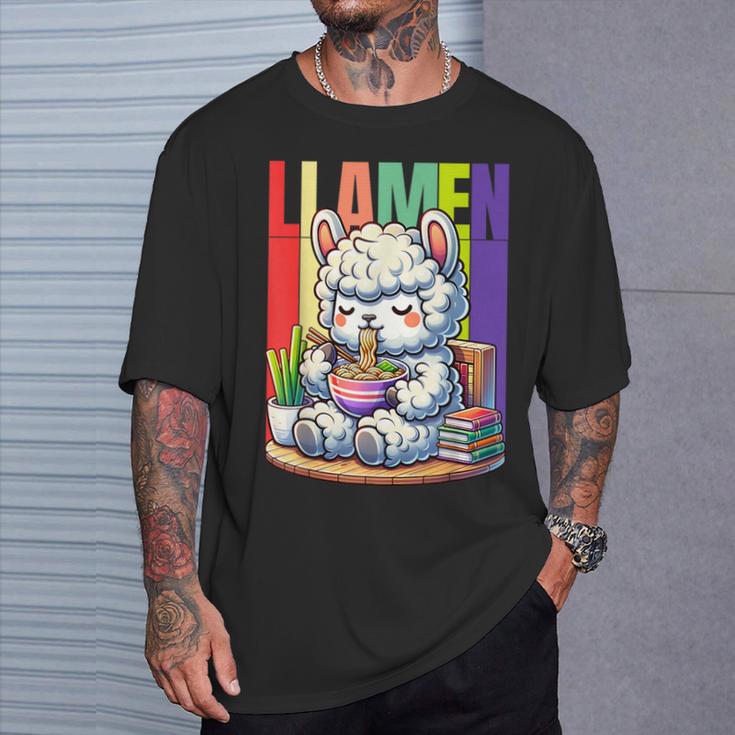 Llamen Cute Kawaii Llama Eating Ramen And Reading Books T-Shirt Gifts for Him