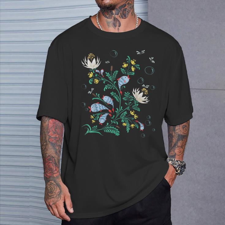 Magic Fish ファニー フィッシング フローラル ヴィンテージ ウクライナ ヴィシバンカ Tシャツ 彼への贈り物