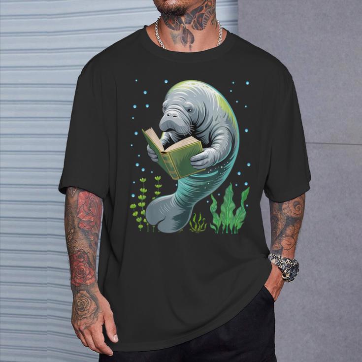 Manatee Reading Book Matching Bookworm Librarian Books Lover T-Shirt Gifts for Him