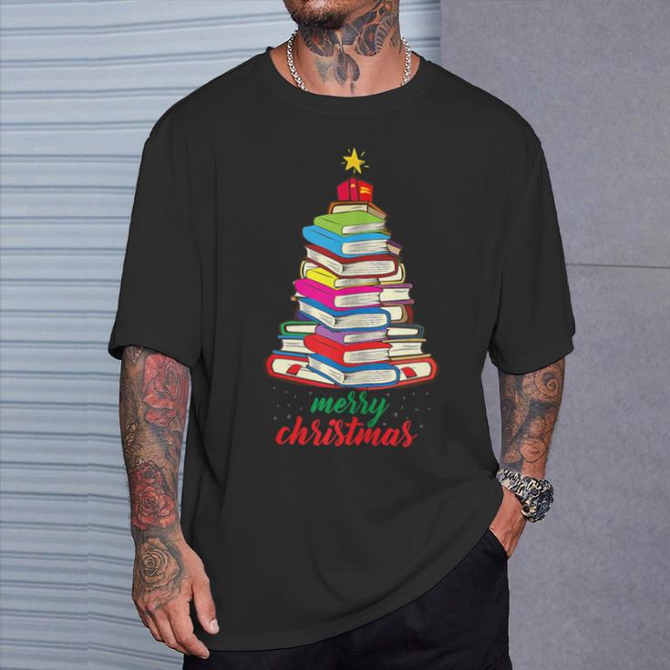 Merry Christmas Tree Book Reading Librarian T-Shirt Gifts for Him