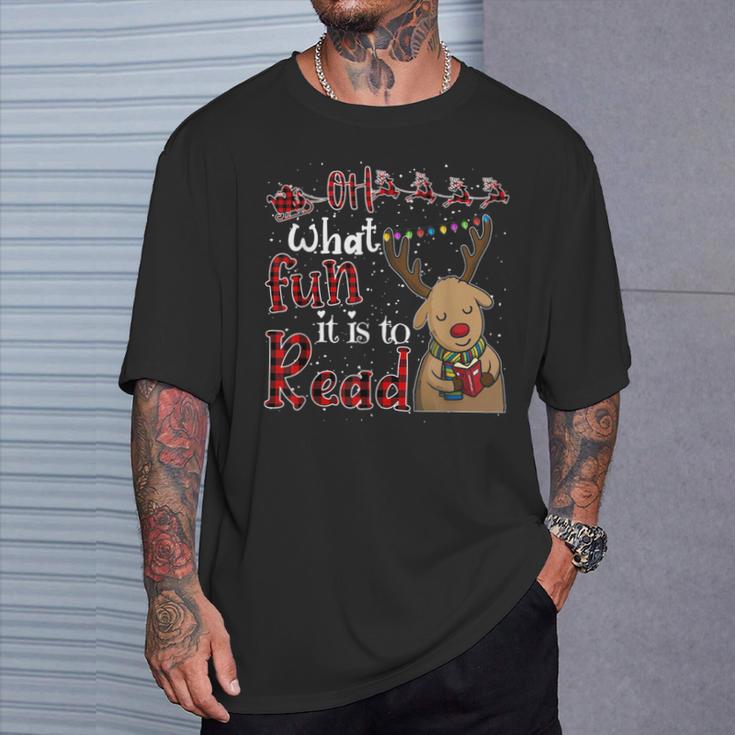 Oh What Fun It Is To Read Christmas Cute Reindeer Read Books T-Shirt Gifts for Him