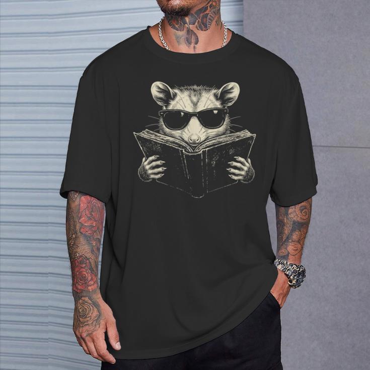 Opossum Reading Book Sunglasses Vintage Trash Panda T-Shirt Gifts for Him