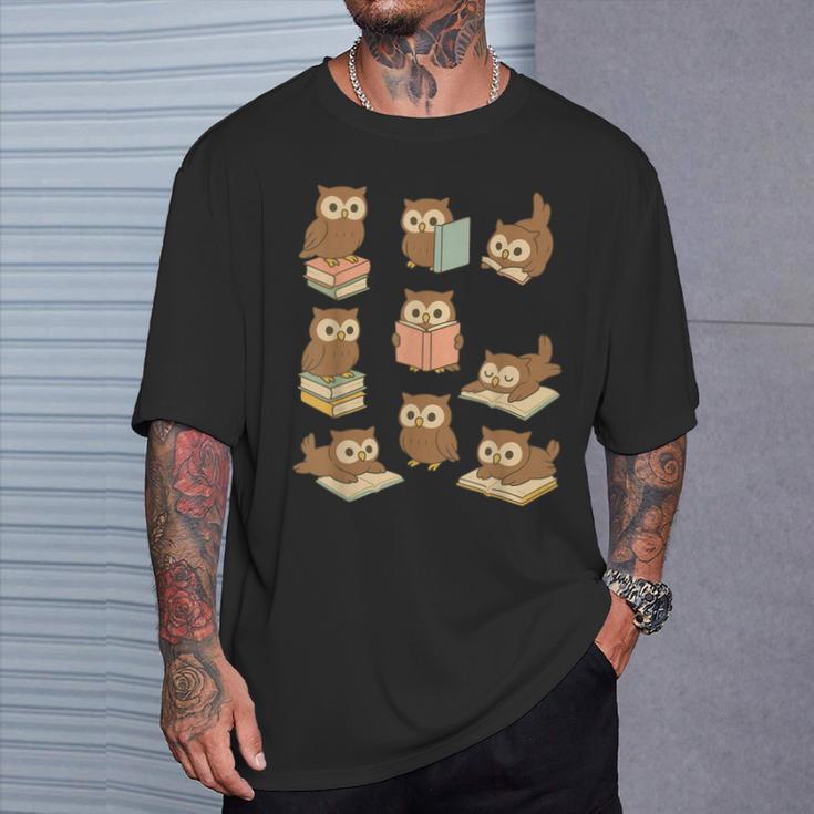 Owls Reading Books Owl Bird Lover T-Shirt Gifts for Him