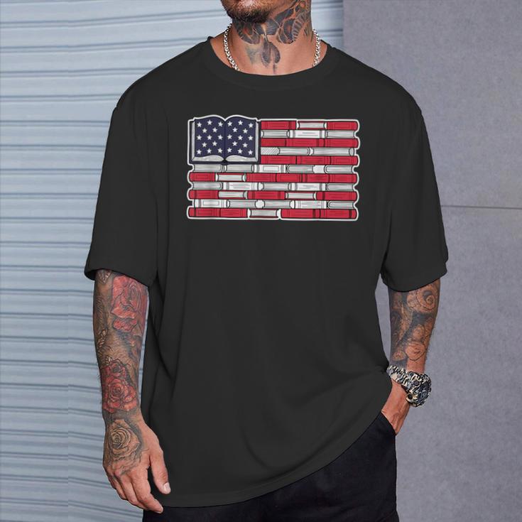 Patriotic Book Flag Reading American Flag Books Teacher T-Shirt Gifts for Him