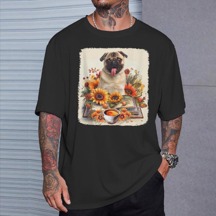 Pug Reading Books Sunflowers With Coffee Lover Owner T-Shirt Gifts for Him