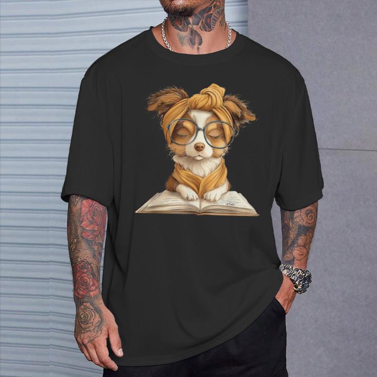 Puppy Open Book Reading Dog Lover Graphic Portrait Round T-Shirt Gifts for Him