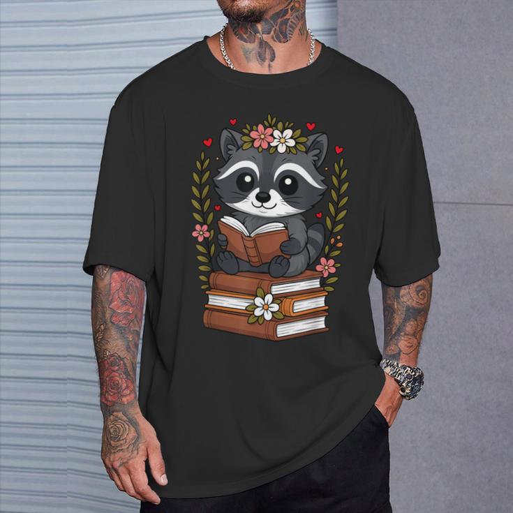 Racoon Reading Book Graphic Racoon With Book Floral T-Shirt Gifts for Him Racoon Reading Book Graphic Racoon With Book Floral T-Shirt Gifts for Him