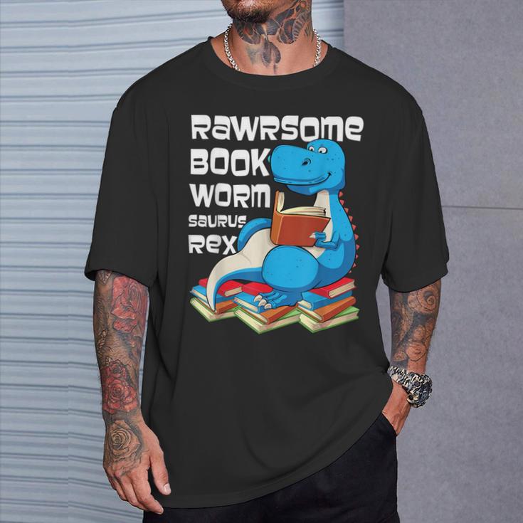 Rawrsome Bookworm Dinosaur T-Rex Book Reading Boys T-Shirt Gifts for Him