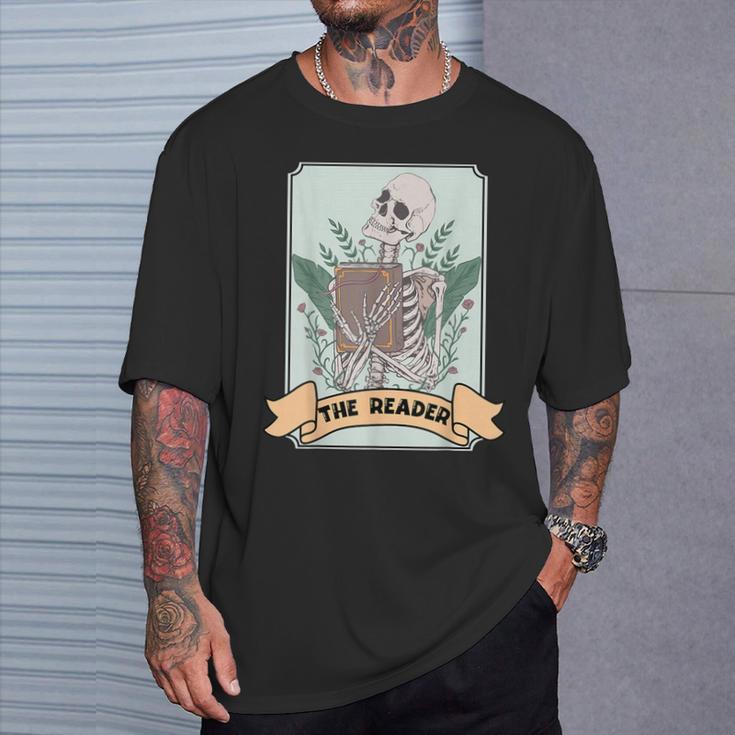 The Reader Tarot Card Skeleton With Book Lover Bookworm T-Shirt Gifts for Him
