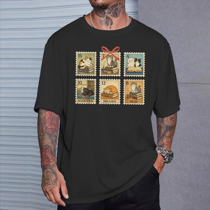 Reading Book Lover Bookish Cat Mom Cat Reading Books Stamps T-Shirt Gifts for Him