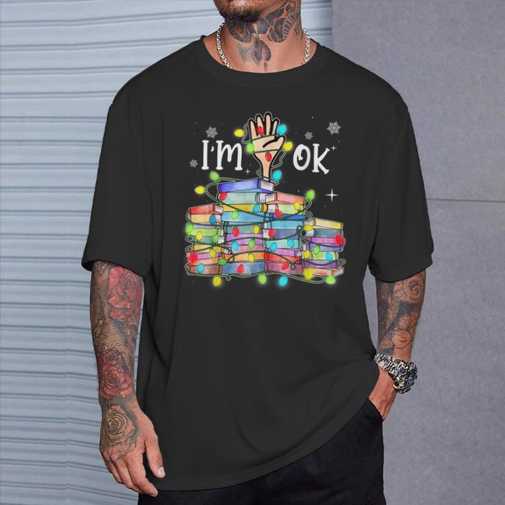 Reading Books I'm Ok National Book Lovers Lights Christmas T-Shirt Gifts for Him