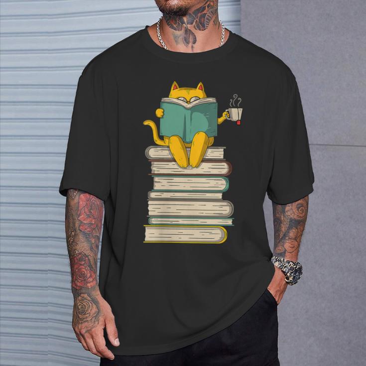Reading Cat Book & Tea Lover T-Shirt Gifts for Him