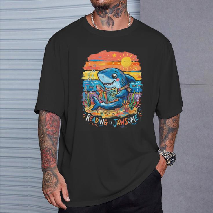 Reading Is Jawsome Shark Book Lover Ocean Tales T-Shirt Gifts for Him