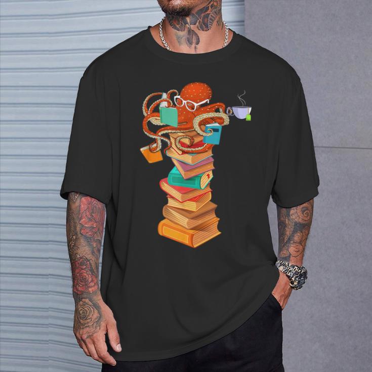 Reading Octopus Tea Coffee Book Lover Bookworm Reader T-Shirt Gifts for Him